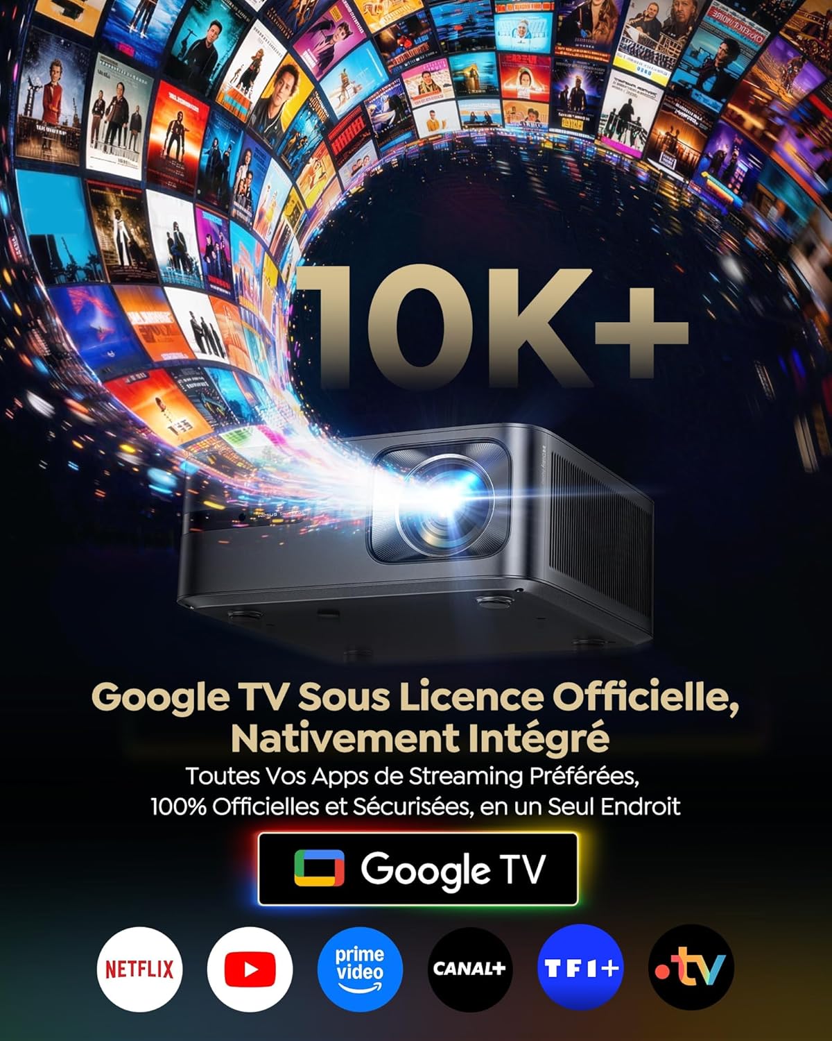 Vidéoprojecteur G2 Google TV 14.0 1080P natif 4K 2200 ANSI MEMC HDR10 Dolby Audio 40 W WiFi 6 Bluetooth 5.4