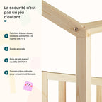 Lit enfant forme maison AAKB-8779 90 x 200 cm bois de pin avec barrière de protection sommier inclus charge 100 kg