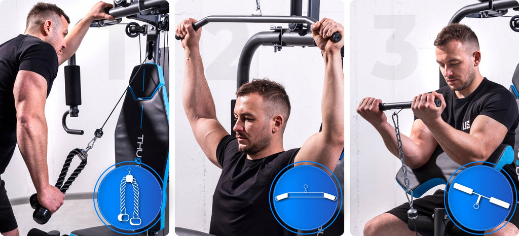 Atlas treningowy FORCE wielofunkcyjny do ćwiczeń siłowych wyciąg górny prasa do nóg modlitewnik stos 87 kg