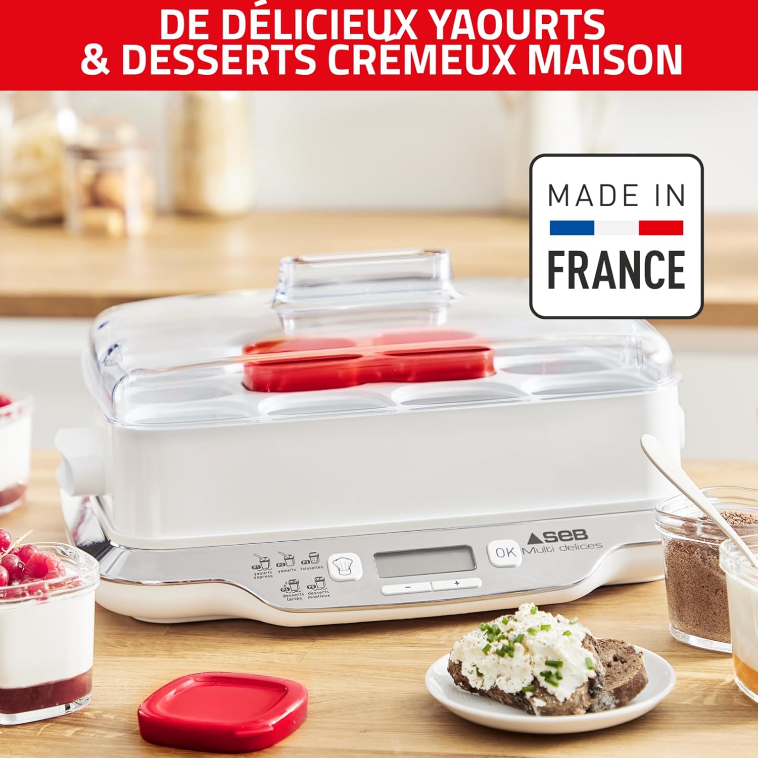 Yaourtière Multi Délices Express YG661500 12 pots verre 140 ml 5 programmes 600 W blanc rouge