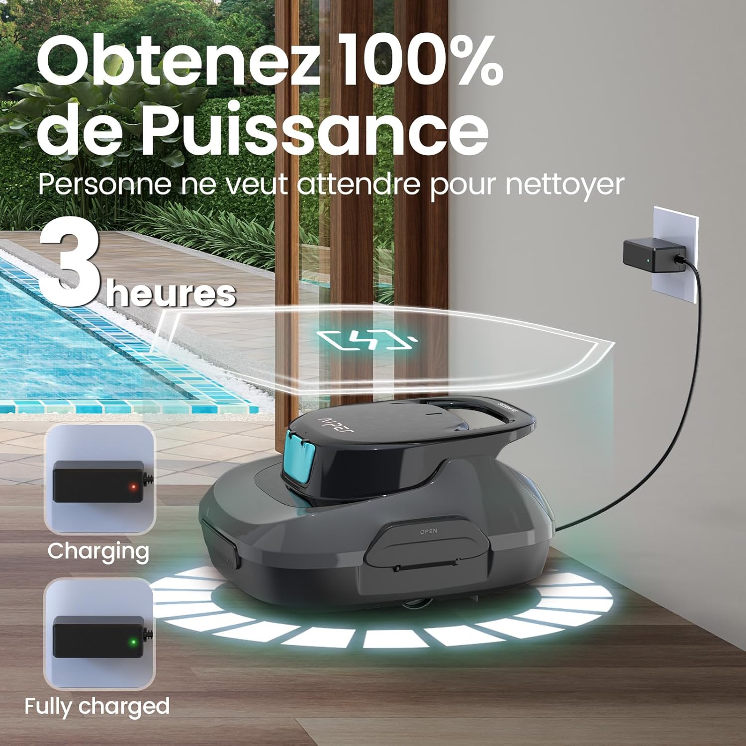 Robot piscine sans fil Scuba SE autonomie 90 min double moteur auto-parking drainage rapide pour piscines 80 m² gris