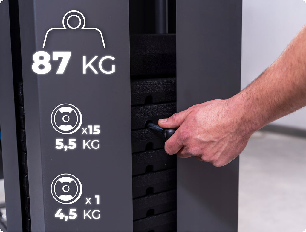 Atlas treningowy FORCE wielofunkcyjny do ćwiczeń siłowych wyciąg górny prasa do nóg modlitewnik stos 87 kg