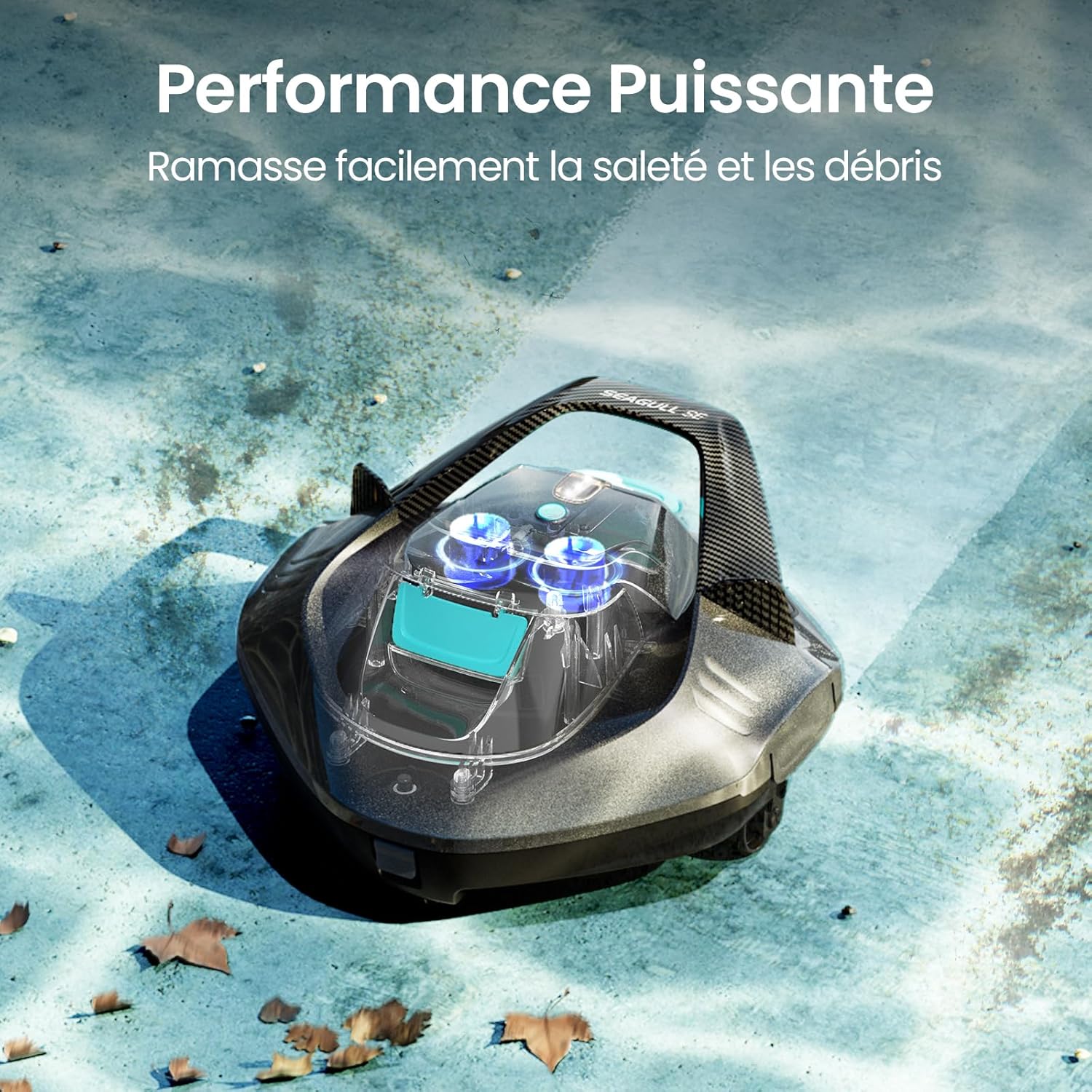 Robot piscine sans fil Seagull SE autonomie 90 min double moteur pour piscines jusqu’à 80 m² charge 2,5 h gris foncé