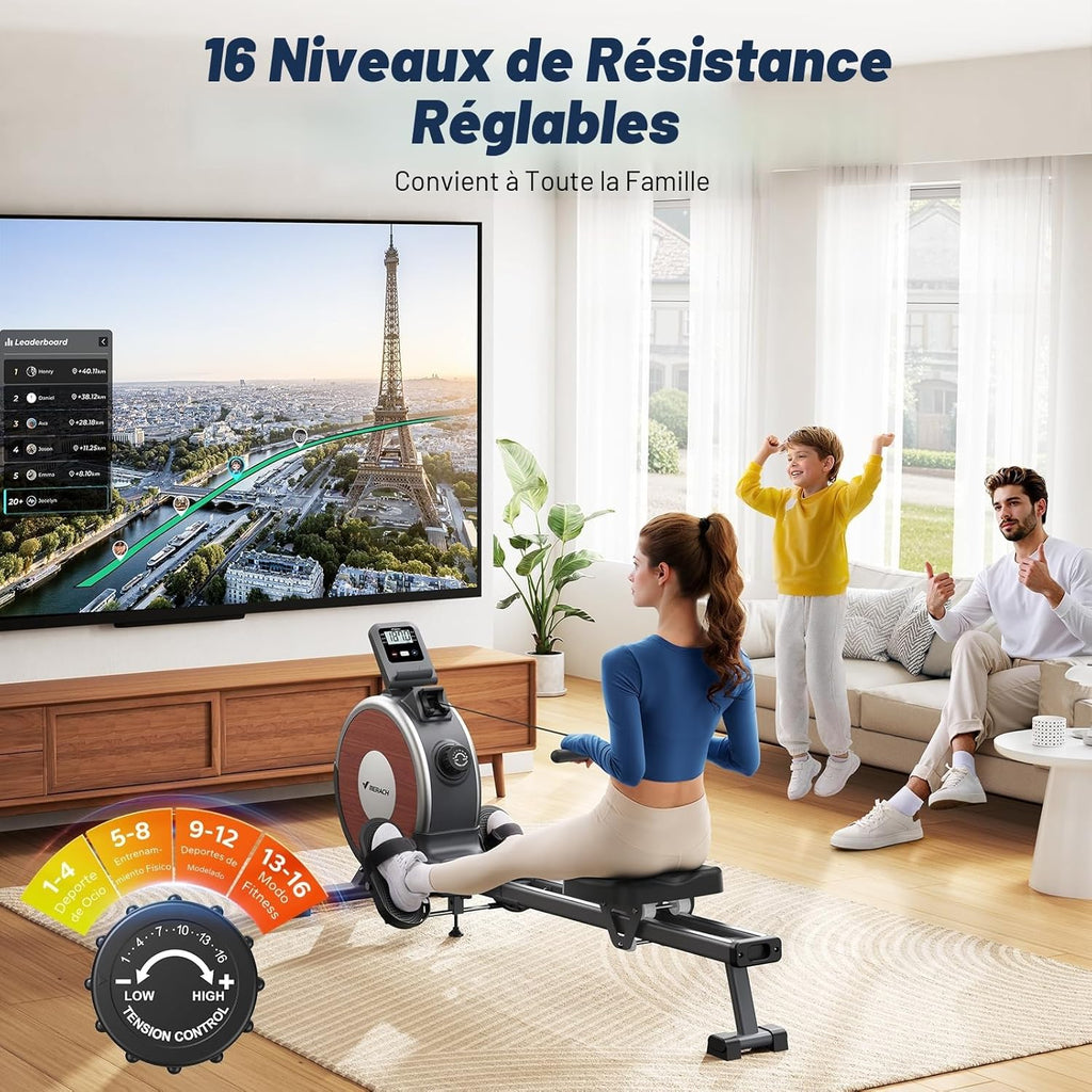 Rameur magnétique d’appartement Q1s 16 niveaux résistance silencieuse application MERACH rails doubles charge 160 kg noir