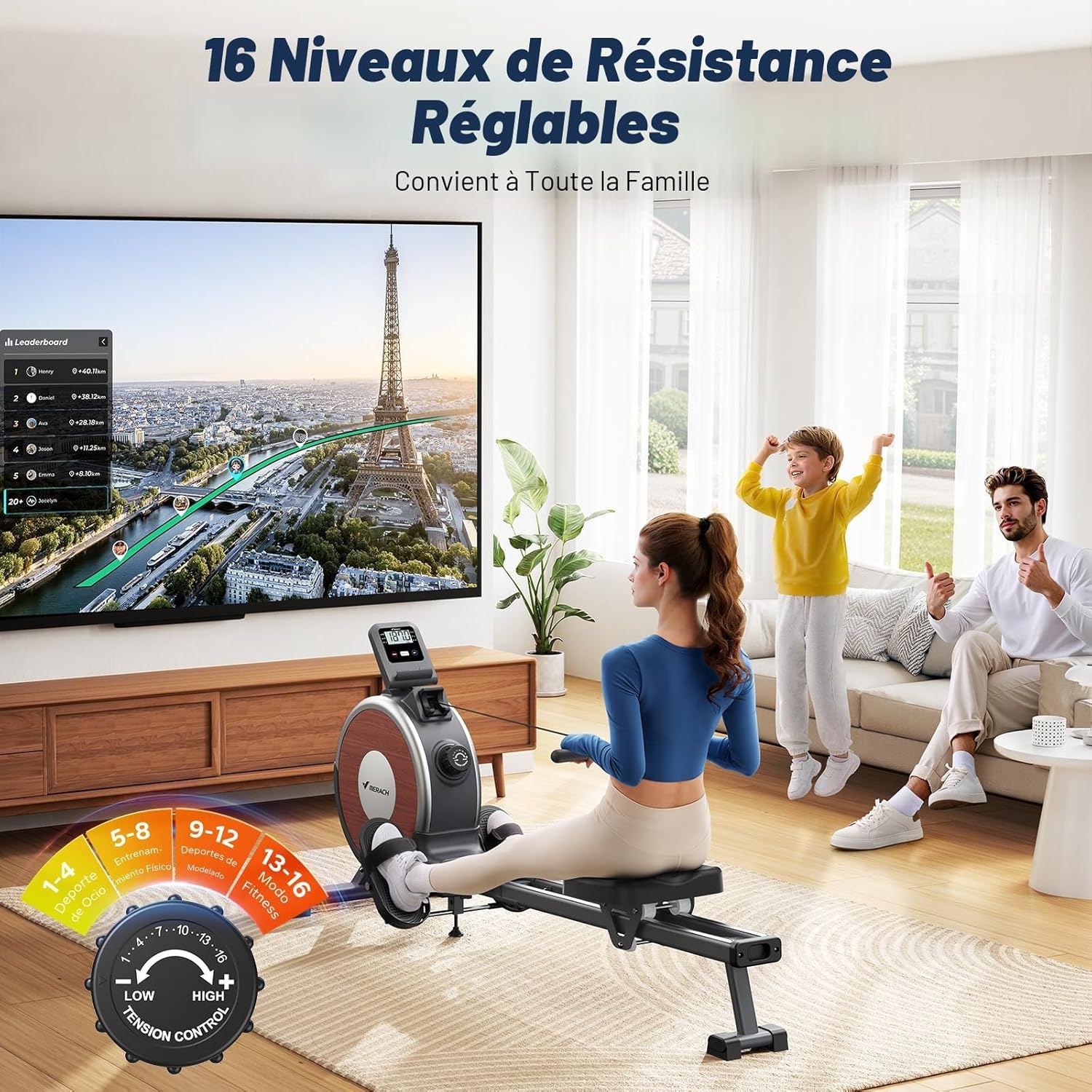 Rameur magnétique d’appartement Q1s 16 niveaux résistance silencieuse application MERACH rails doubles charge 160 kg noir