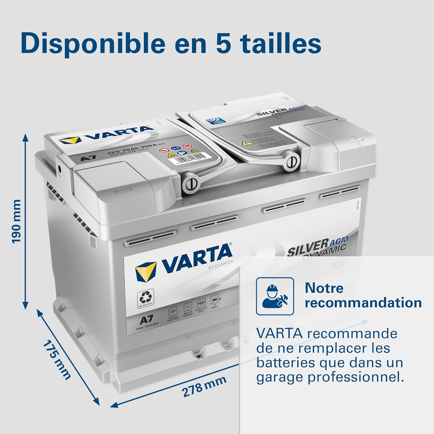 Batterie de démarrage Silver Dynamic AGM L3 A7 12 V 70 Ah 760 A Start-Stop polarité droite 278 x 175 x 190 mm