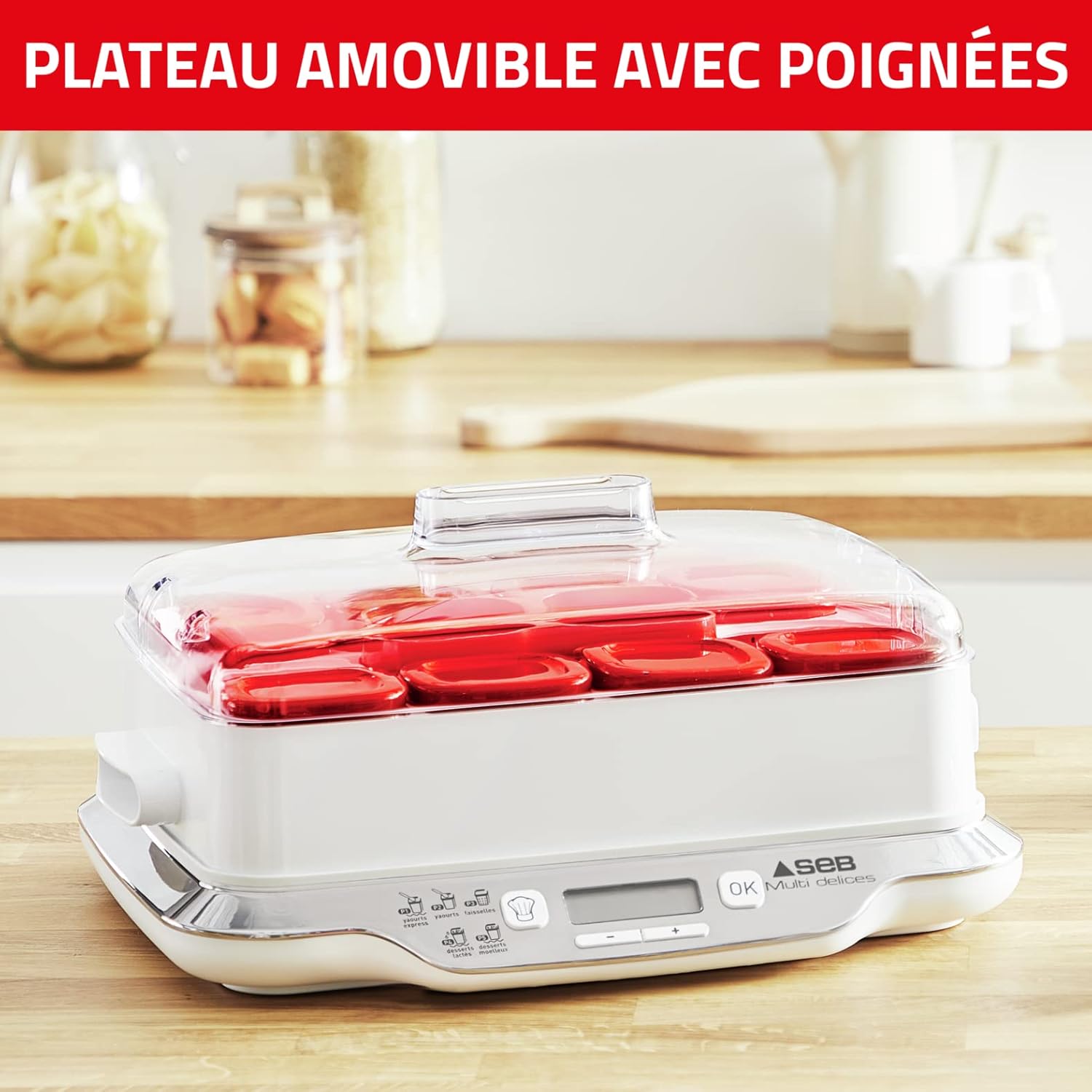 Yaourtière Multi Délices Express YG661500 12 pots verre 140 ml 5 programmes 600 W blanc rouge