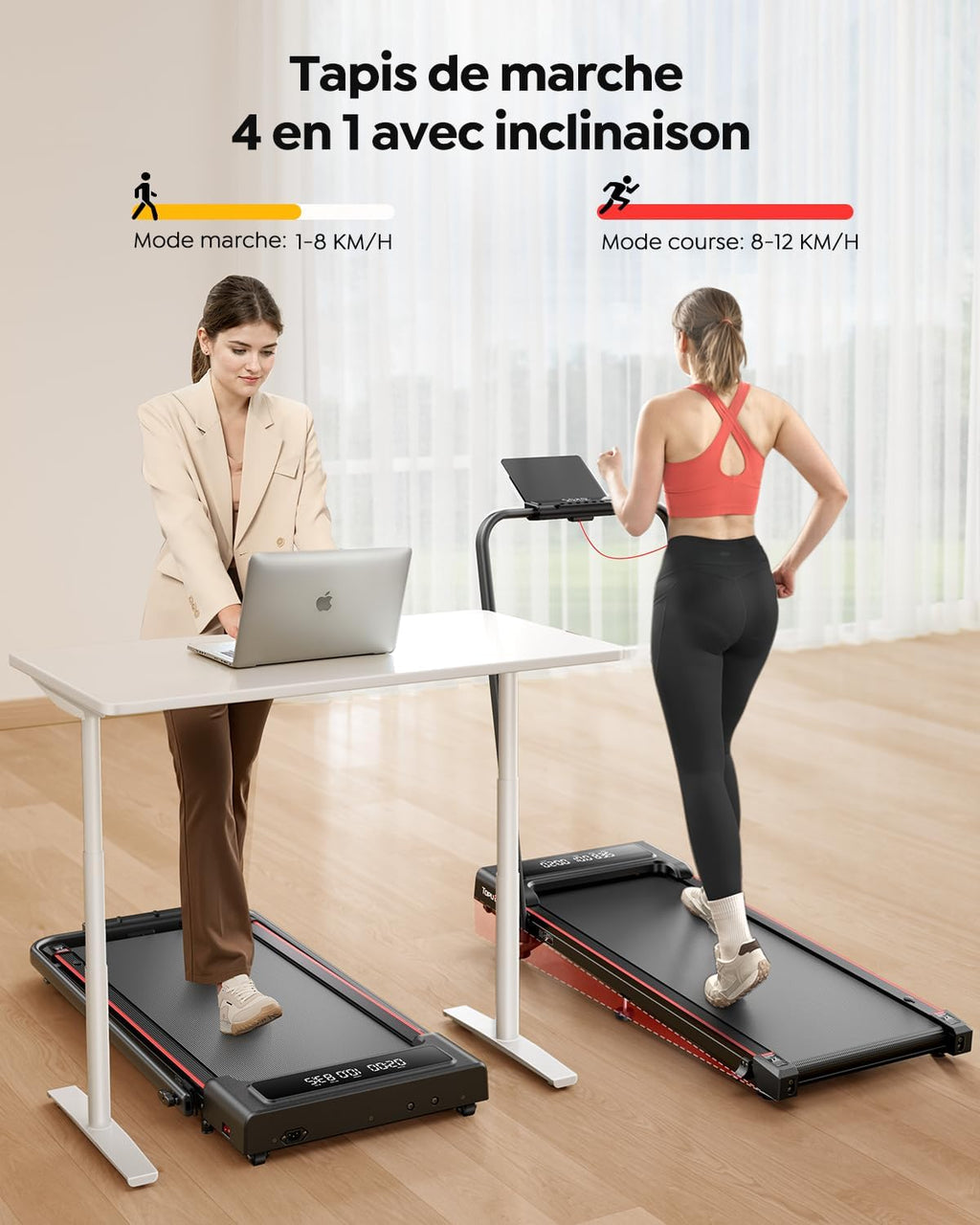 Tapis de course pliable TP4 inclinaison 9 pour cent vitesse 12 km h moteur 2,5 CV charge 130 kg double écran LED