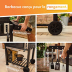 Barbecue au charbon XL American 2 en 1 grill fumoir grille fonte 57 x 41 cm thermomètre tablettes rabattables noir