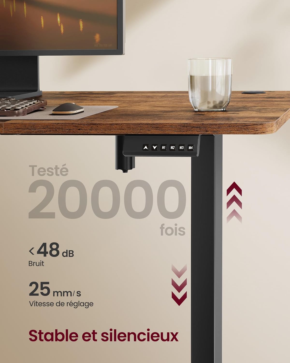Bureau électrique assis debout LSD138K01 180 x 80 cm hauteur 72 à 120 cm mémoire 4 positions charge 70 kg marron rustique