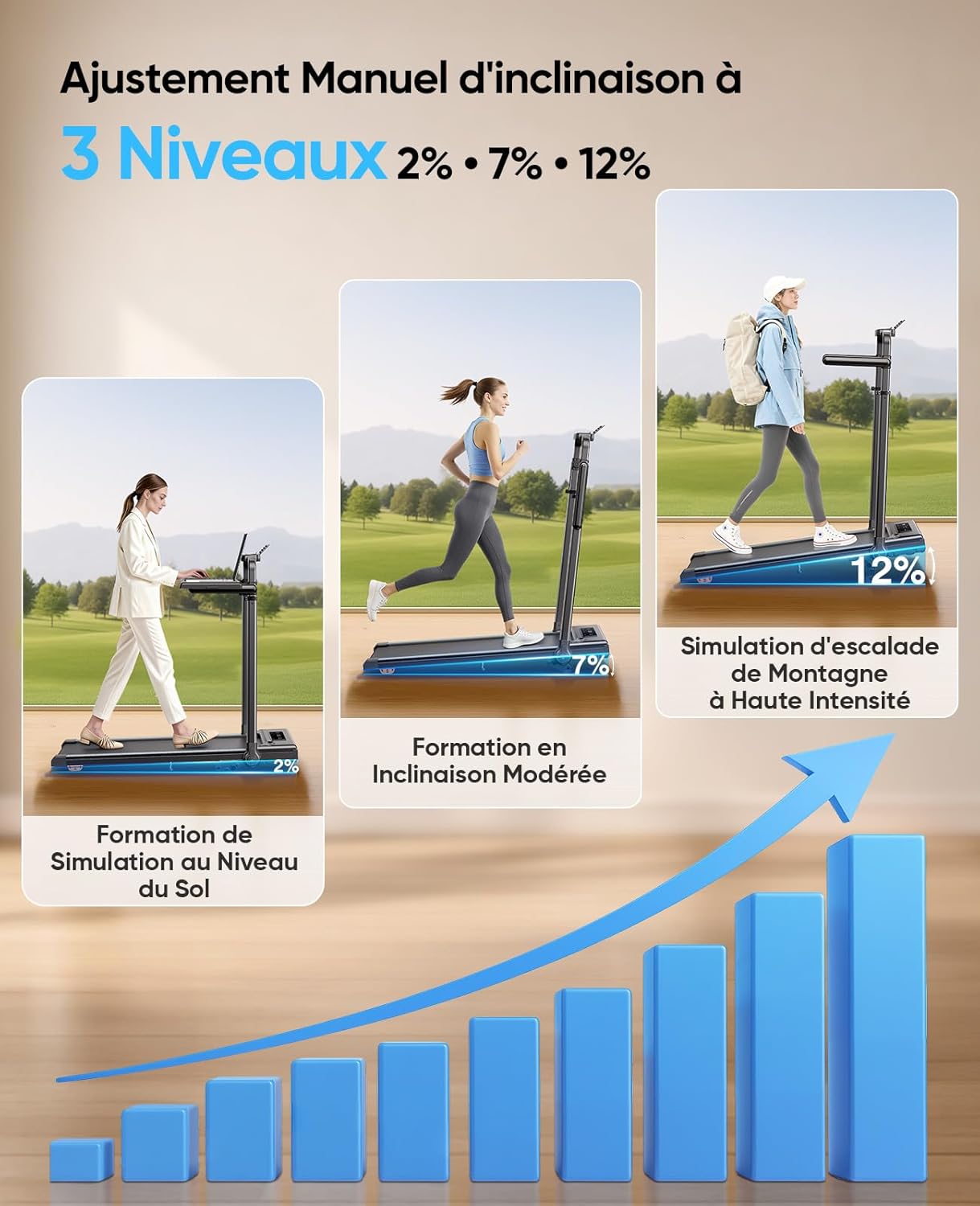 Tapis de course pliable inclinable 12% 6 en 1 table amovible 12 km/h 30 HP poignée télescopique RGB 150 kg