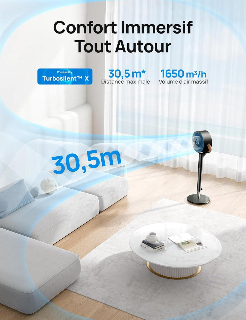 Ventilateur sur pied intelligent PolyFan 513S 25 dB 8 vitesses 6 modes oscillation 120 et 105 degrés WiFi télécommande noir