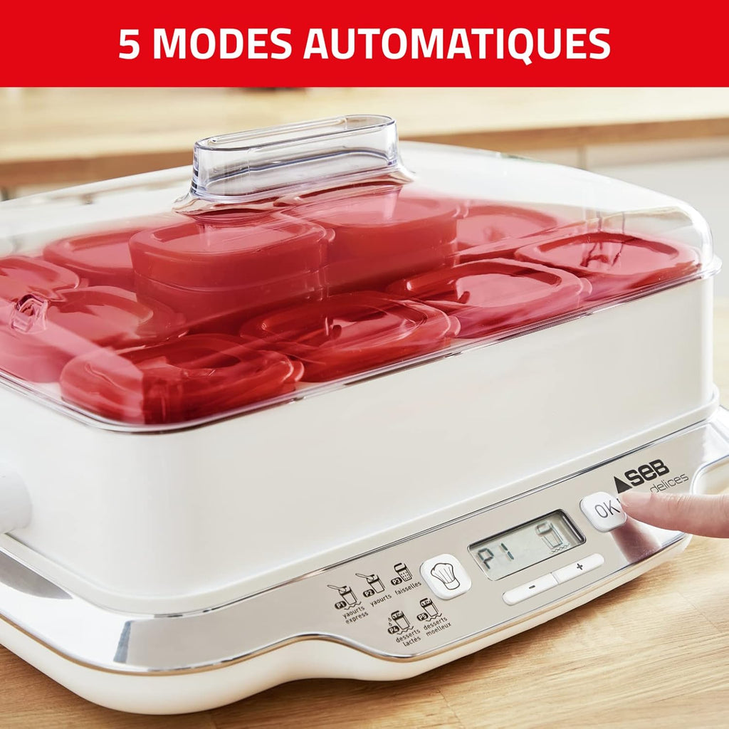 Yaourtière Multi Délices Express YG661500 12 pots verre 140 ml 5 programmes 600 W blanc rouge