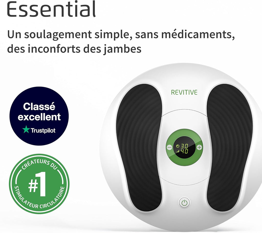 Stimulateur circulatoire Essential NMES intensité 0 à 50 soulagement jambes pieds fatigués utilisation quotidienne