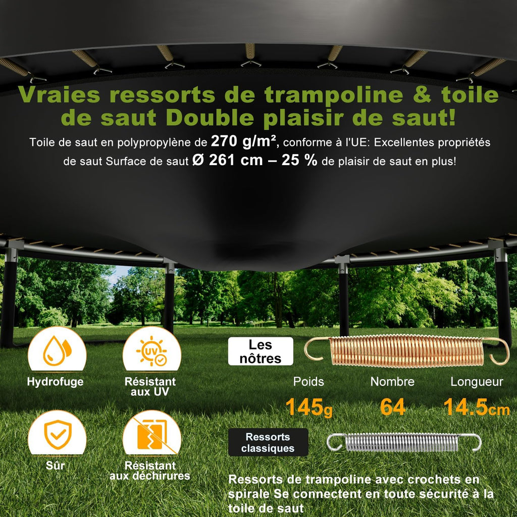 Trampoline extérieur diamètre 228-427cm avec filet sécurité couverture protection capacité charge 150kg enfants