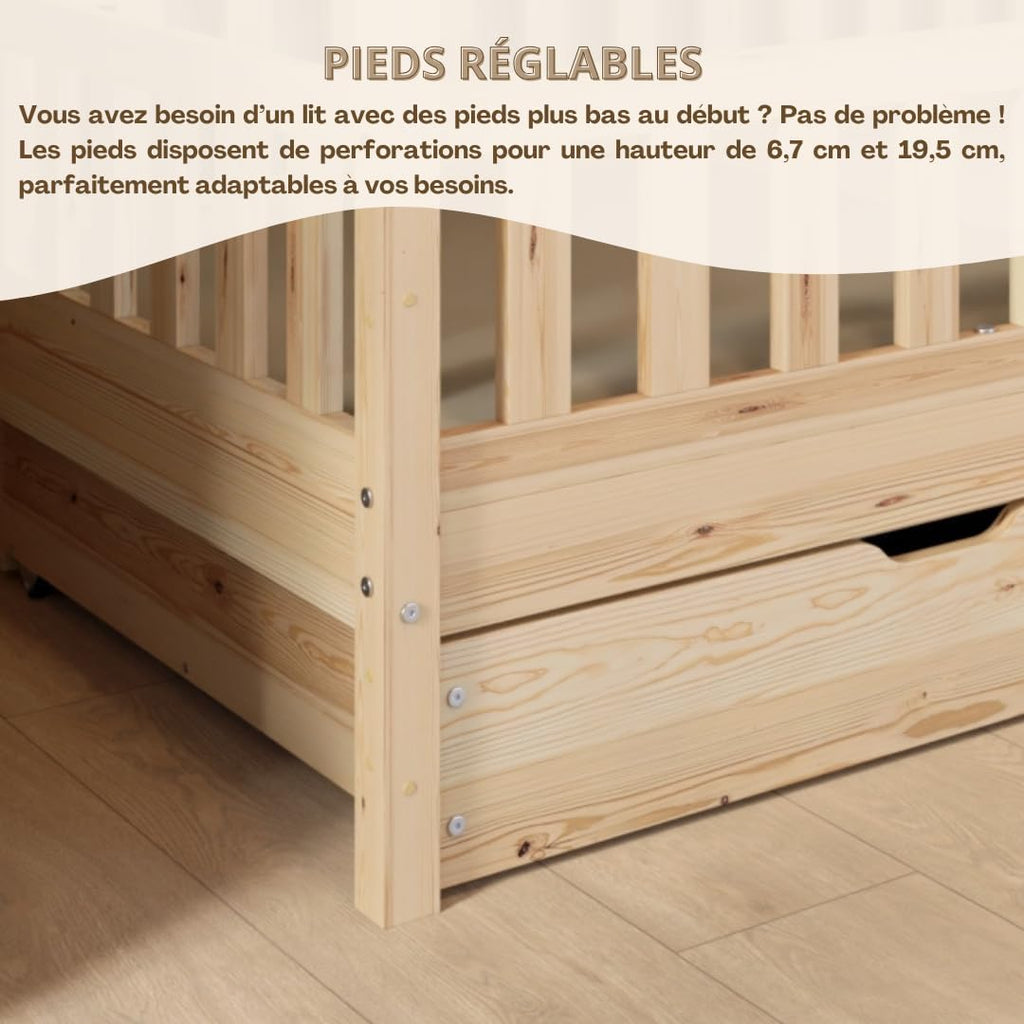 Lit cabane enfant Montessori 190 x 90 cm en bois naturel avec barrière de sécurité et tiroirs de rangement