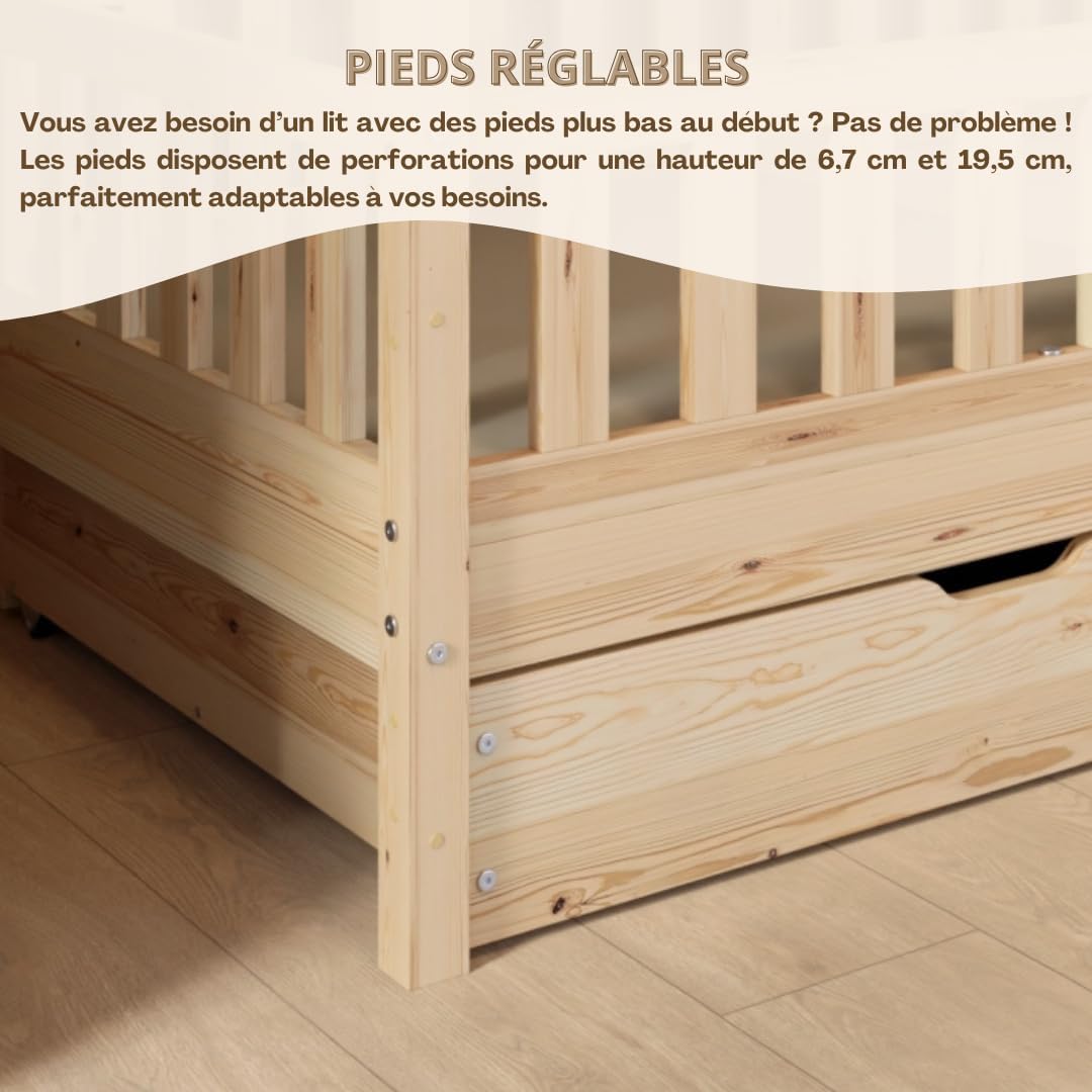 Lit cabane enfant Montessori 190 x 90 cm en bois naturel avec barrière de sécurité et tiroirs de rangement
