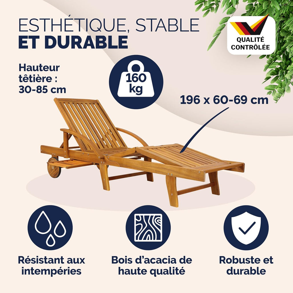 Chaises longues jardin Tami Sun bois acacia pliantes roues type transat bain de soleil