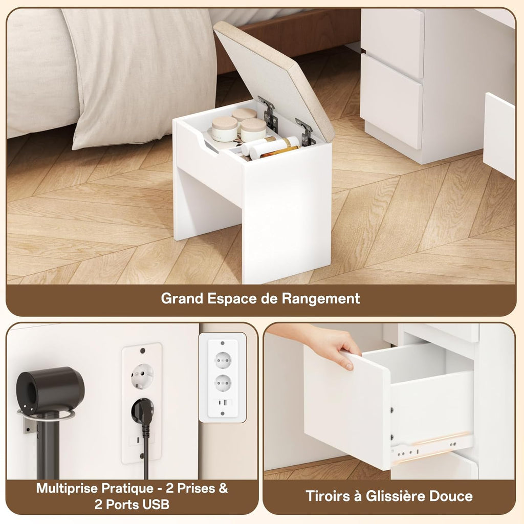 Coiffeuse miroir LED 115 x 60 cm tabouret inclus 7 tiroirs station recharge éclairage réglable blanc