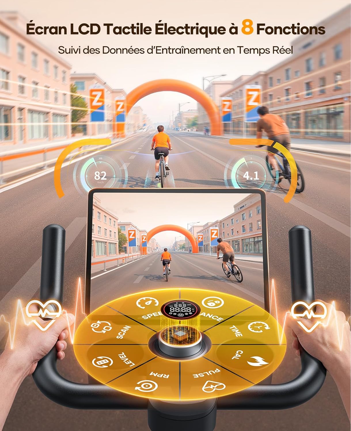 Vélo d’appartement TEB5 résistance magnétique électrique 32 niveaux écran tactile capteur cardiaque Bluetooth charge 150 kg