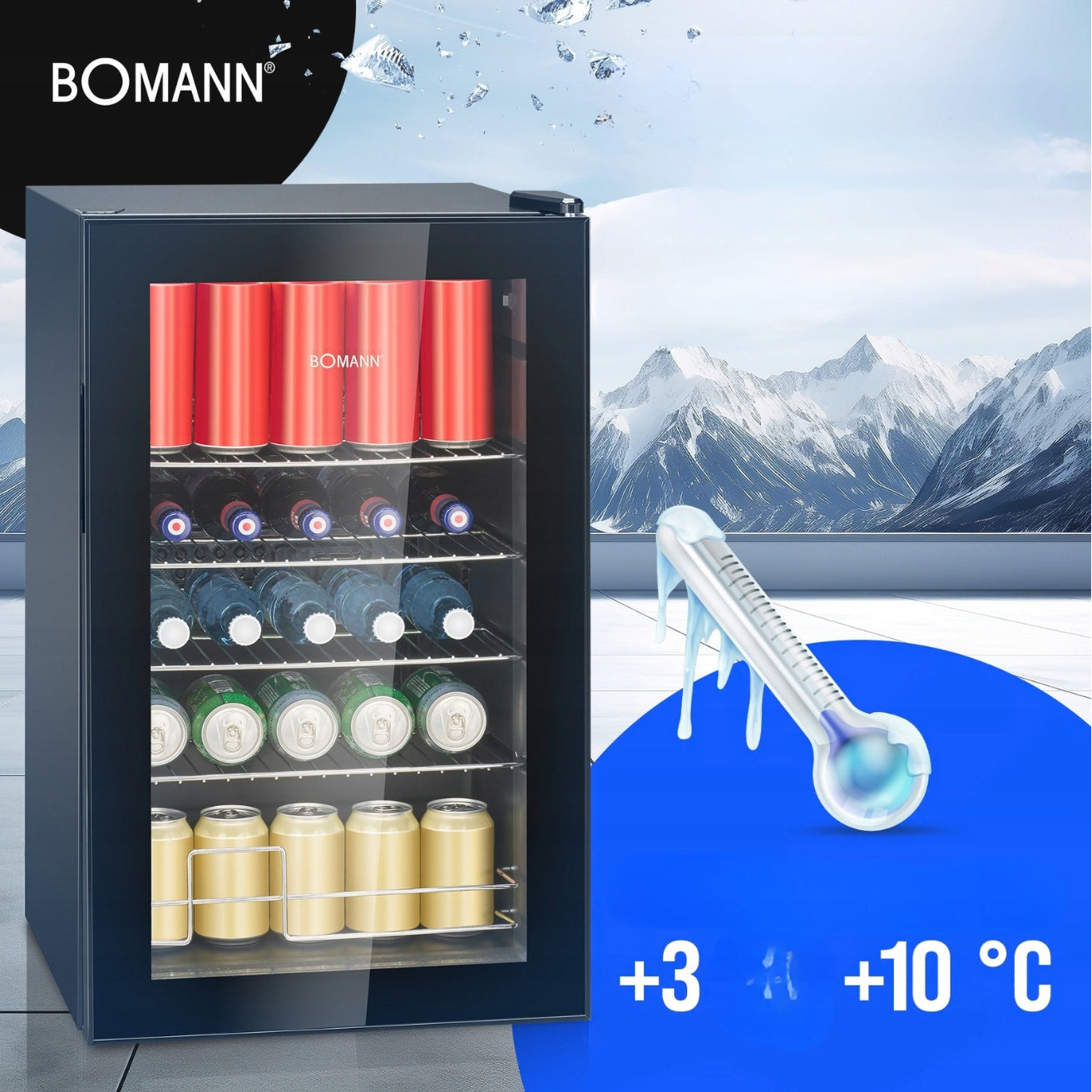 Witryna chłodnicza na napoje KSG 7287 63 l LED przeszklone drzwi podwójna szyba 4 półki regulacja temperatury +3°C do +10°C