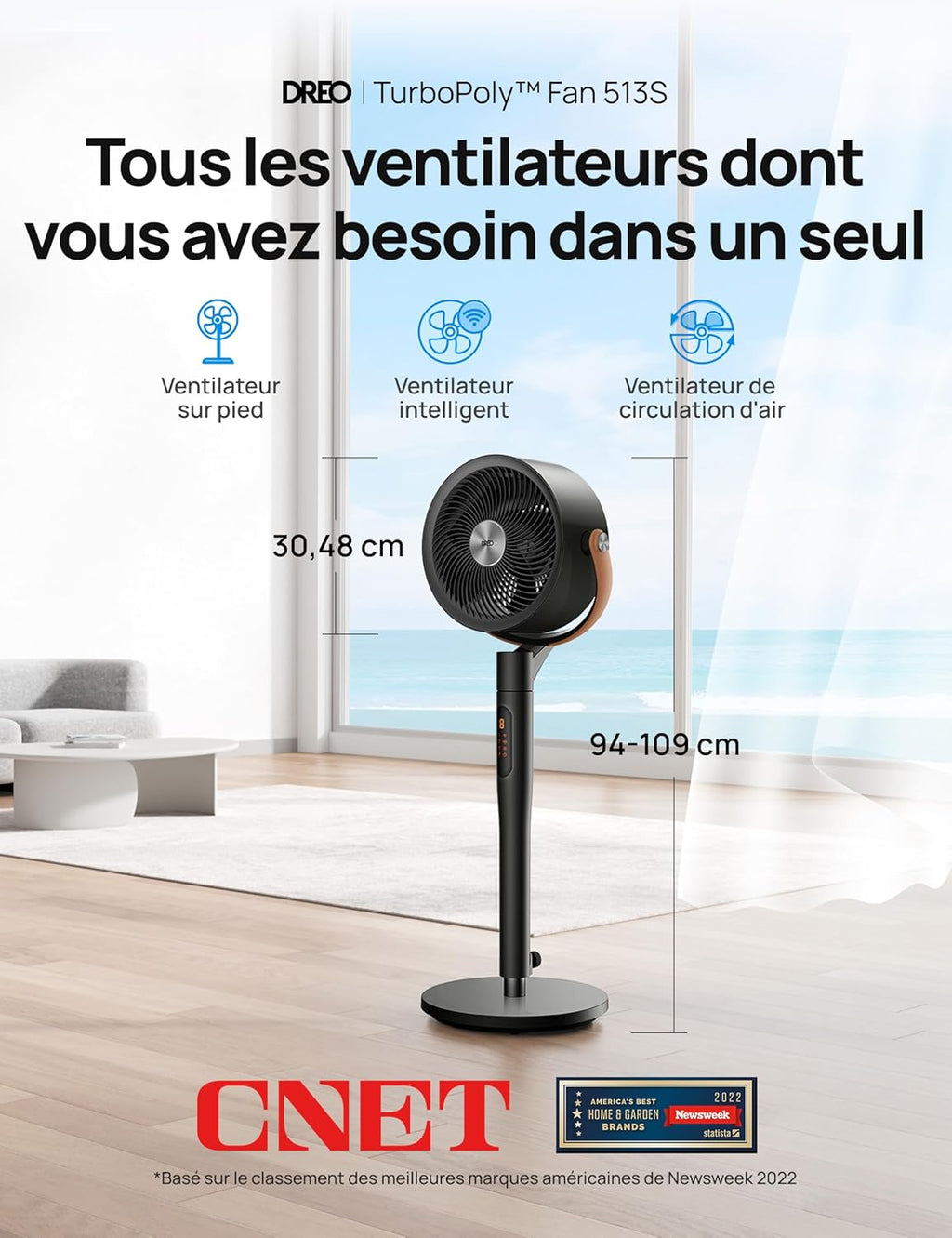 Ventilateur sur pied intelligent PolyFan 513S 25 dB 8 vitesses 6 modes oscillation 120 et 105 degrés WiFi télécommande noir