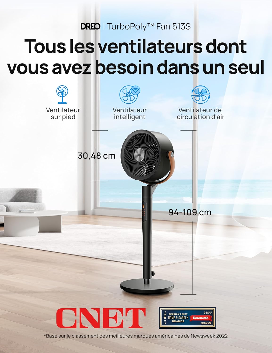 Ventilateur sur pied intelligent PolyFan 513S 25 dB 8 vitesses 6 modes oscillation 120 et 105 degrés WiFi télécommande noir