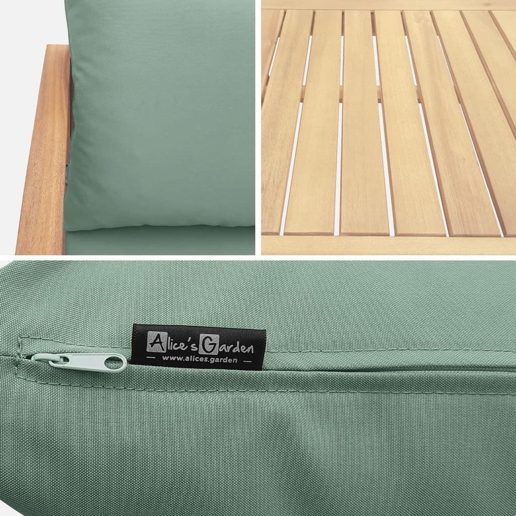 Salon jardin bois 4 places canapé fauteuils table basse acacia coussins vert de gris
