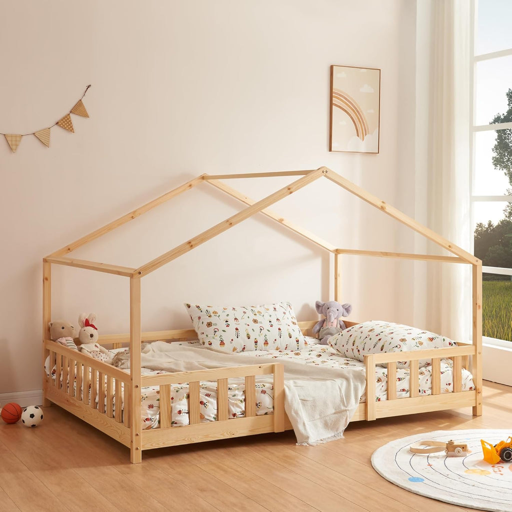 Lit enfant forme maison AAKB-8779 90 x 200 cm bois de pin avec barrière de protection sommier inclus charge 100 kg