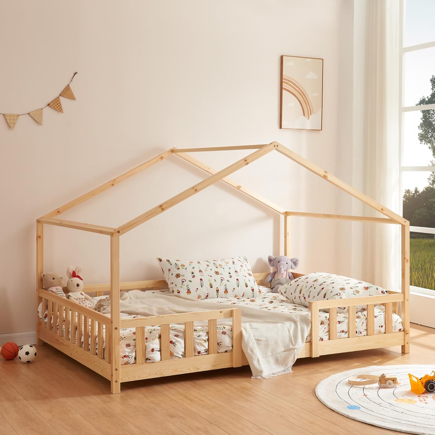 Lit enfant forme maison AAKB-8779 90 x 200 cm bois de pin avec barrière de protection sommier inclus charge 100 kg
