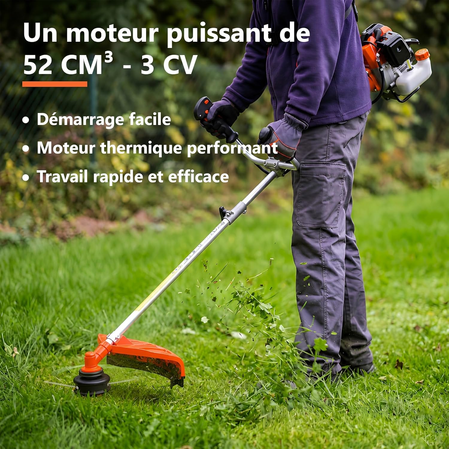 Débroussailleuse thermique 52 cm³ 3 CV avec tête fil renforcée Tap Go lames et harnais inclus
