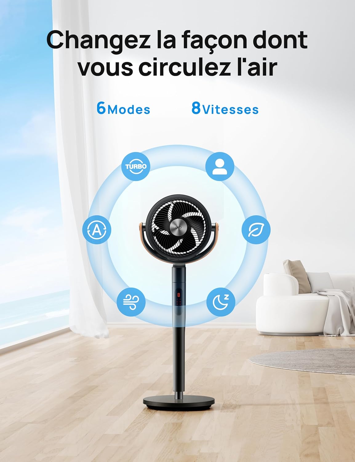 Ventilateur sur pied intelligent PolyFan 513S 25 dB 8 vitesses 6 modes oscillation 120 et 105 degrés WiFi télécommande noir