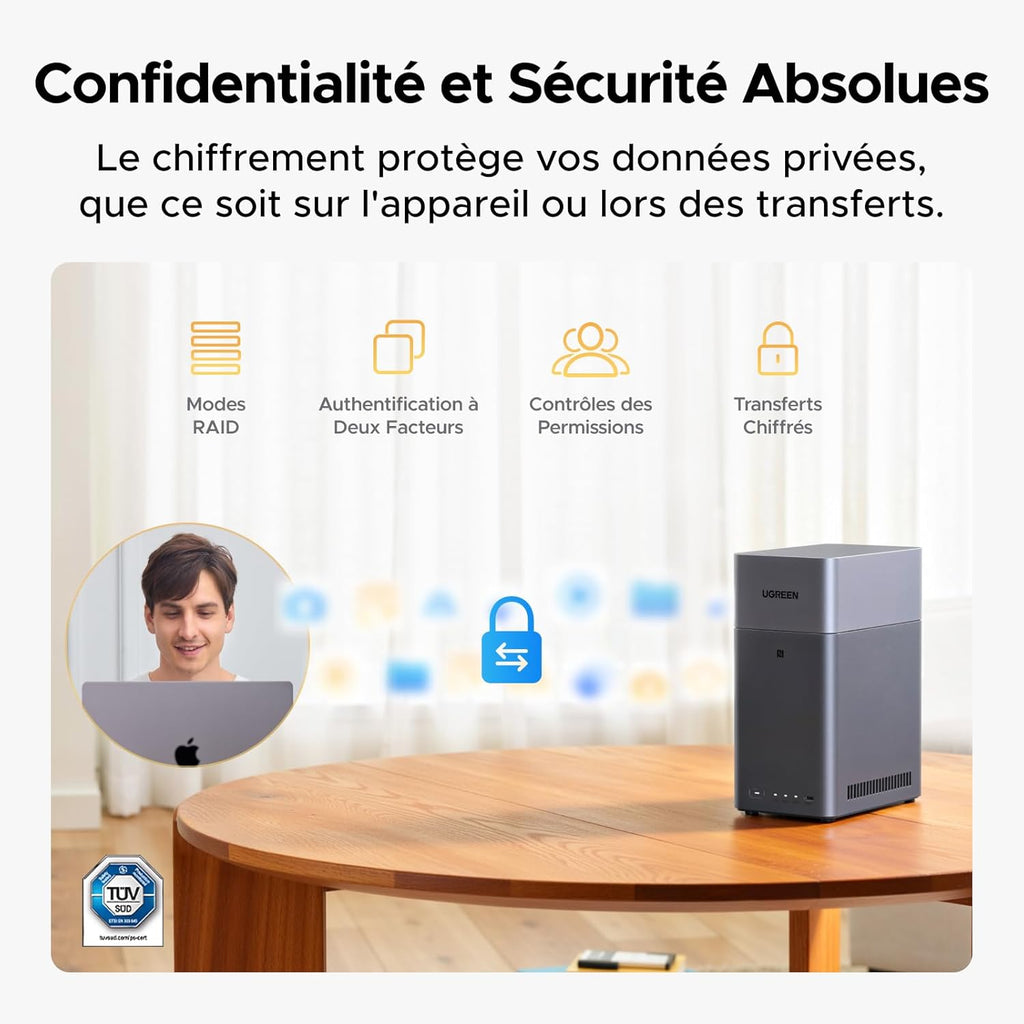 NAS de bureau NASync DH2300 2 baies 4 Go RAM stockage 64 To LAN 1GbE NFC HDMI 4K album photo IA chiffrement