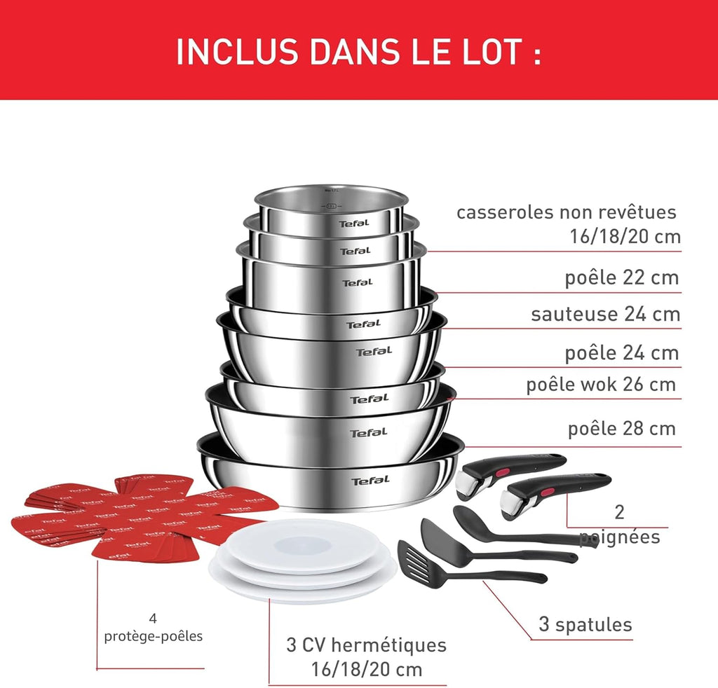 Batterie de cuisine Ingenio Emotion 20 pièces induction antiadhésive empilable 2 poignées amovibles inox L897SK04