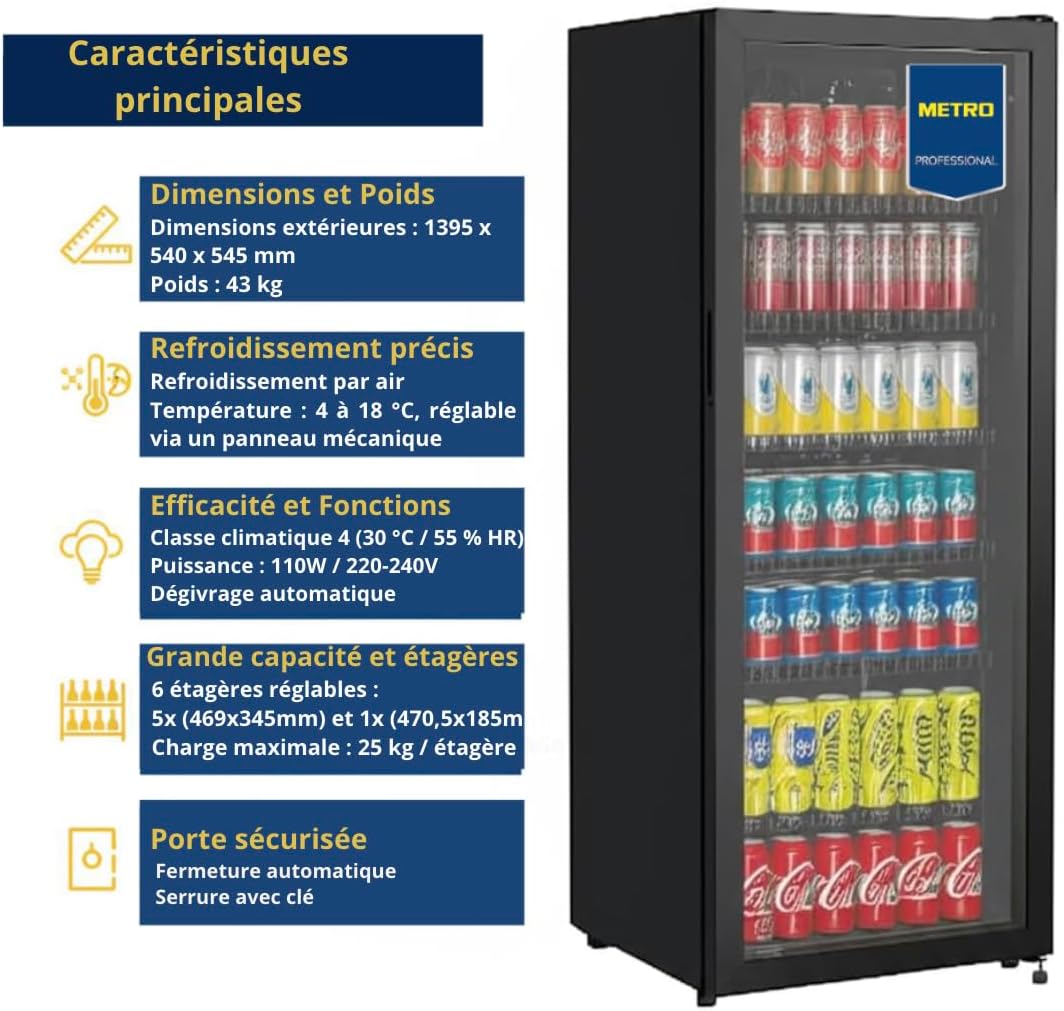 Réfrigérateur à boissons professionnel GSC4240B 237 L porte vitrée avec serrure 6 étagères réglables 110 W noir