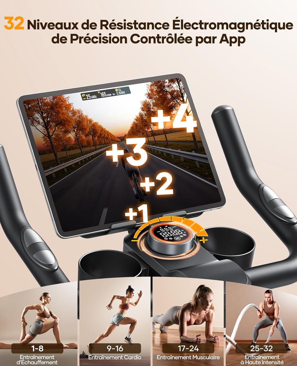 Vélo d’appartement TEB5 résistance magnétique électrique 32 niveaux écran tactile capteur cardiaque Bluetooth charge 150 kg