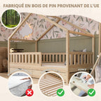 Lit cabane enfant Montessori 190 x 90 cm en bois naturel avec barrière de sécurité et tiroirs de rangement