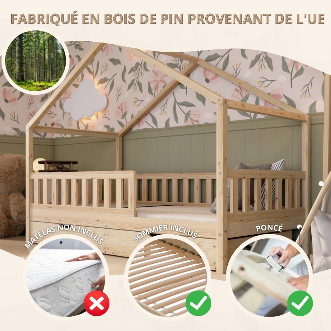 Lit cabane enfant Montessori 190 x 90 cm en bois naturel avec barrière de sécurité et tiroirs de rangement