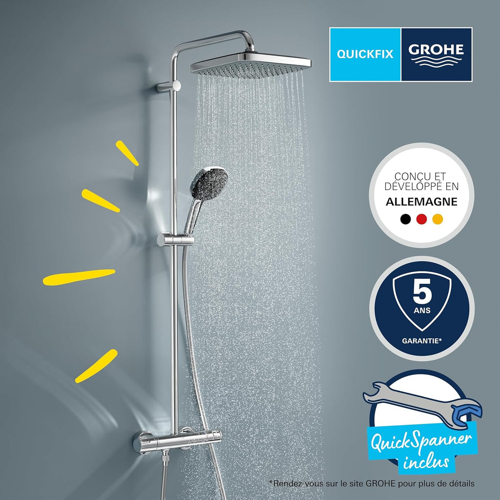 Colonne de douche Vitalio Comfort 250 thermostatique tête 25 cm 1 jet pommeau 11 cm 2 jets flexible 175 cm chromé
