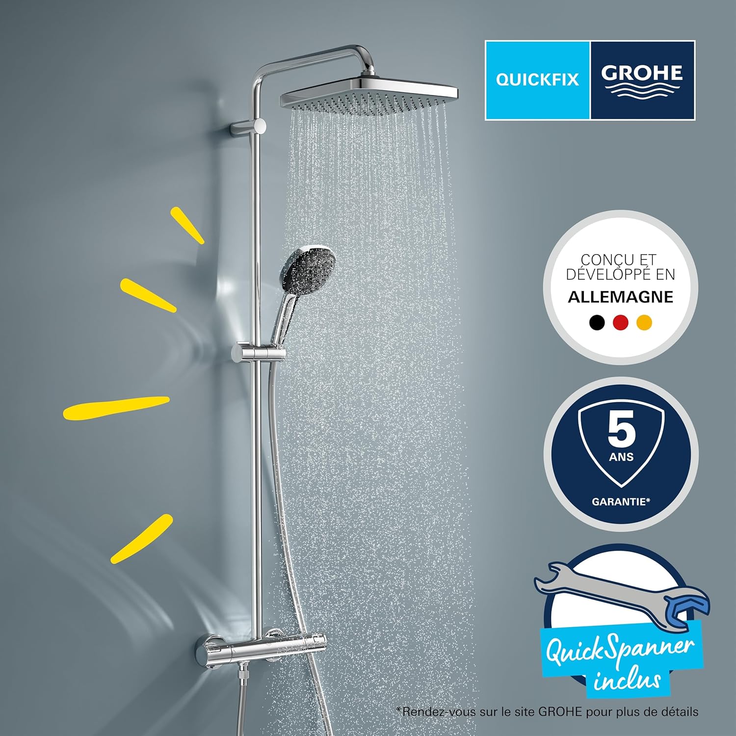 Colonne de douche Vitalio Comfort 250 thermostatique tête 25 cm 1 jet pommeau 11 cm 2 jets flexible 175 cm chromé