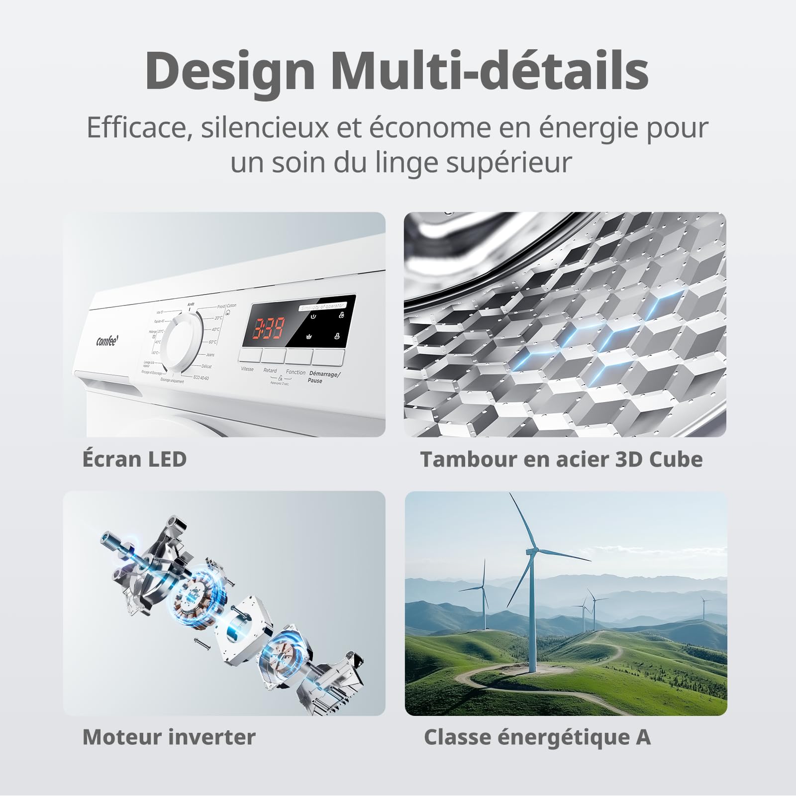 Lave-linge frontal 9 kg CFE12EW90/W classe énergétique A moteur BLDC 1400 tr/min lavage vapeur 15 programmes