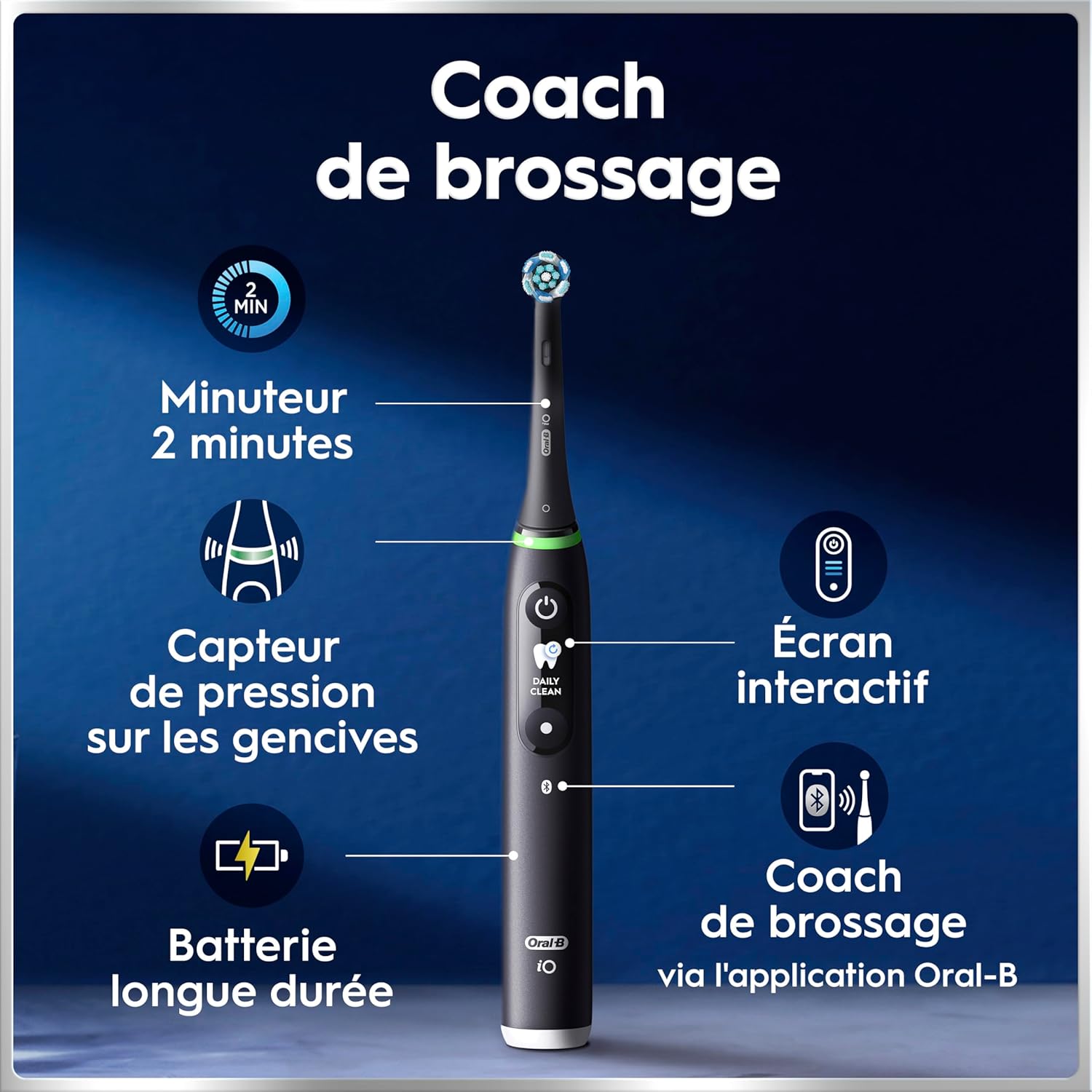 Brosse dents électrique iO 6 noire 5 modes capteur pression écran interactif 2 brossettes étui voyage