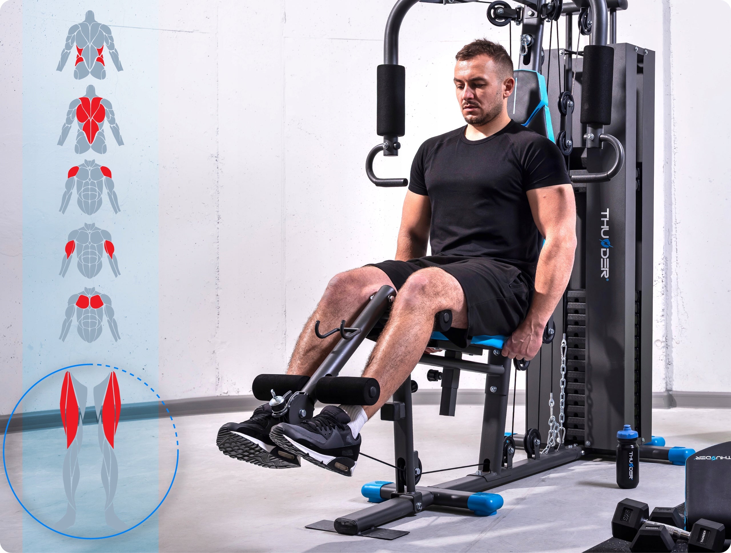 Atlas treningowy FORCE wielofunkcyjny do ćwiczeń siłowych wyciąg górny prasa do nóg modlitewnik stos 87 kg