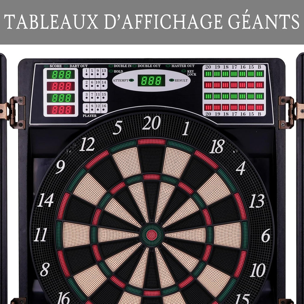 Cible de fléchettes électronique LED avec armoire 38 jeux 211 options 12 fléchettes pointe souple adultes