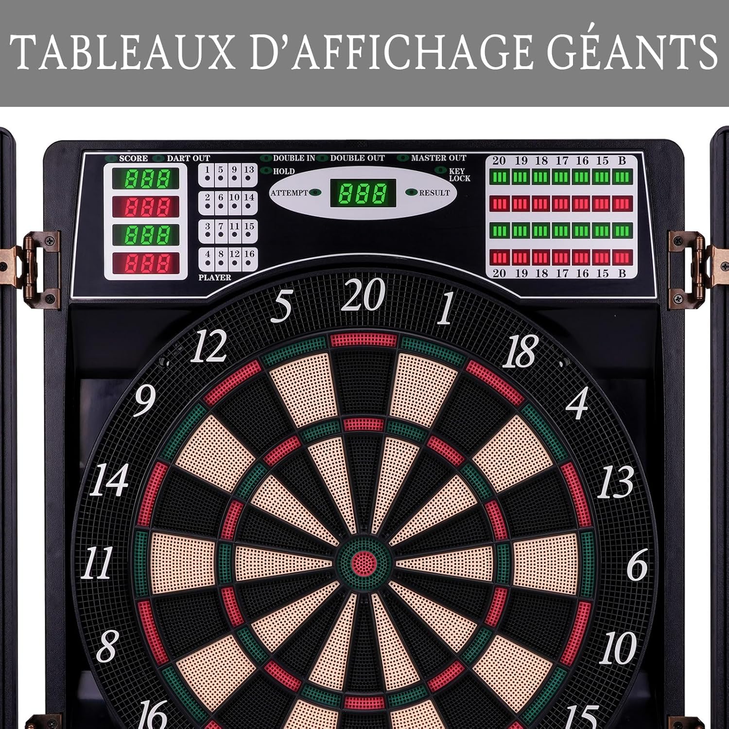 Cible de fléchettes électronique LED avec armoire 38 jeux 211 options 12 fléchettes pointe souple adultes