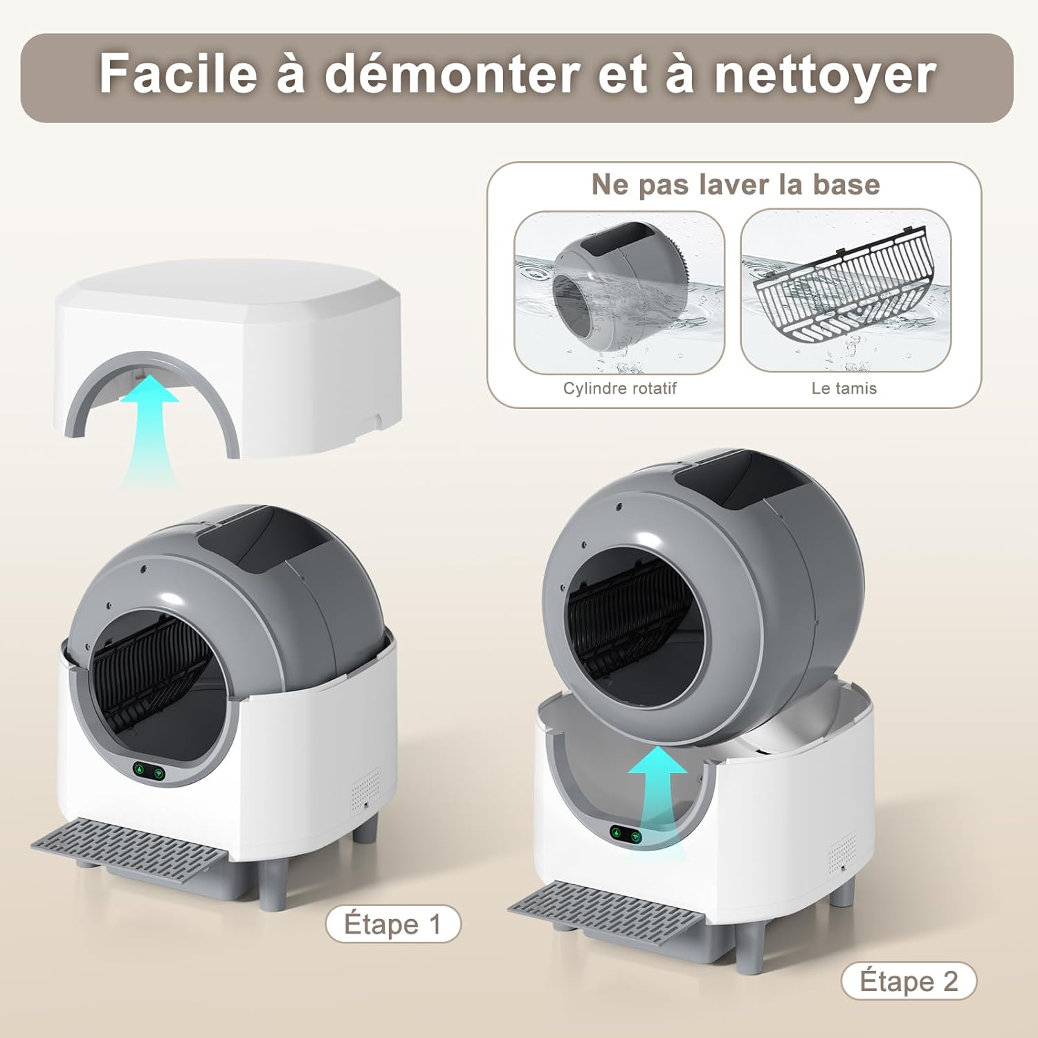 Litière autonettoyante XL Ellenpent 90 L contrôle app anti-fuites anti-pincement anti-odeurs vidage 1 touche blanc
