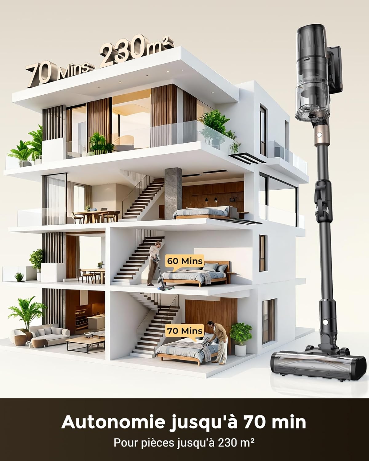 Aspirateur balai sans fil P20 680 W 70 KPa autonomie 70 min aspirateur laveur pliable HEPA brosse anti-enmêlement