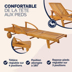 Chaises longues jardin Tami Sun bois acacia pliantes roues type transat bain de soleil