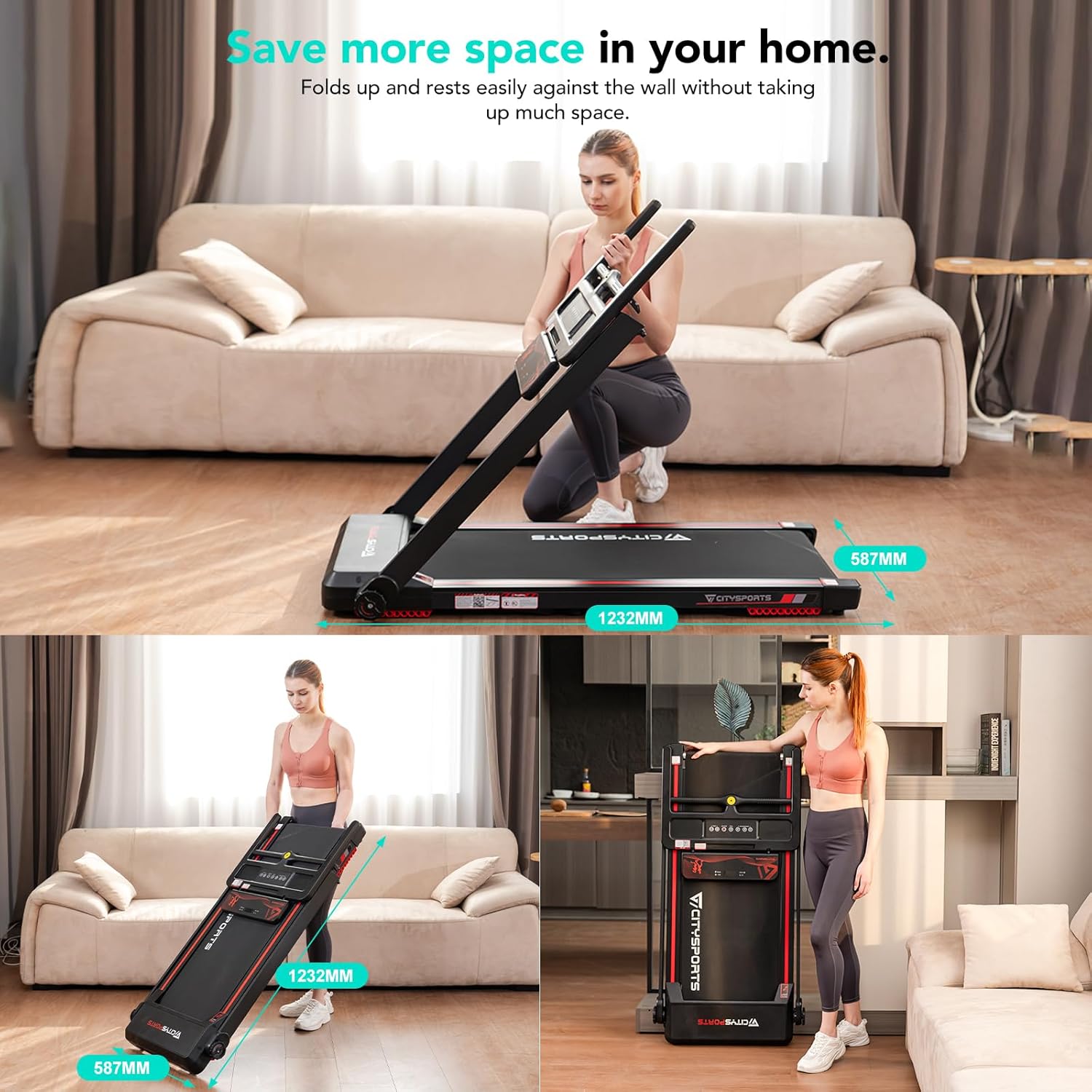 Tapis de course pliable CS-WP9 12 km/h 1400 W charge 120 kg écran LED application Bluetooth support tablette rouge