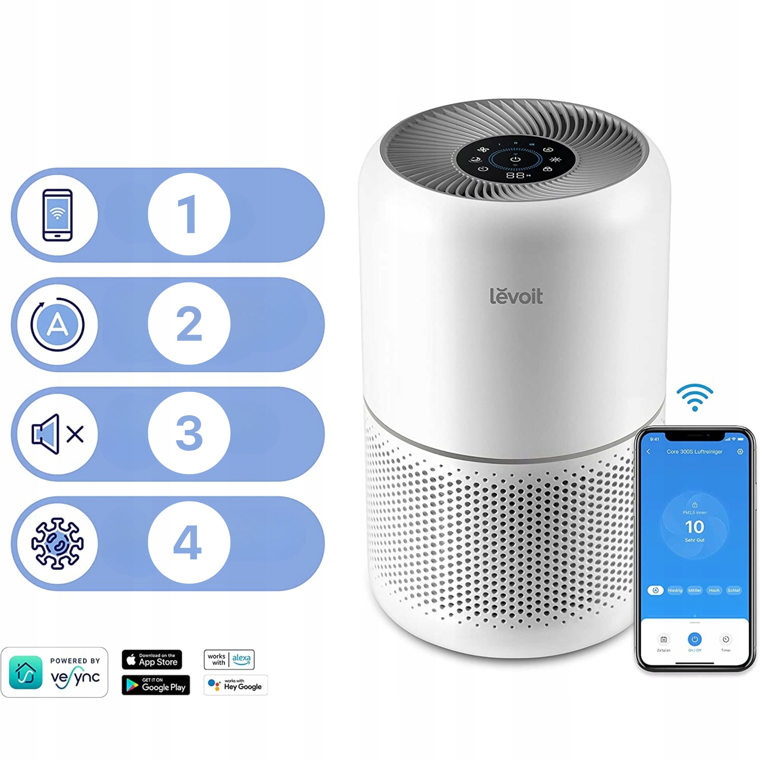 Oczyszczacz powietrza Core 300S HEPA, smart wifi auto, przeciw smogowi i dymowi, do 50 m2